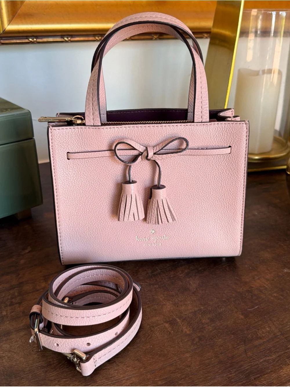 kate spade pink leather bow-tassel satchel with detachable strap